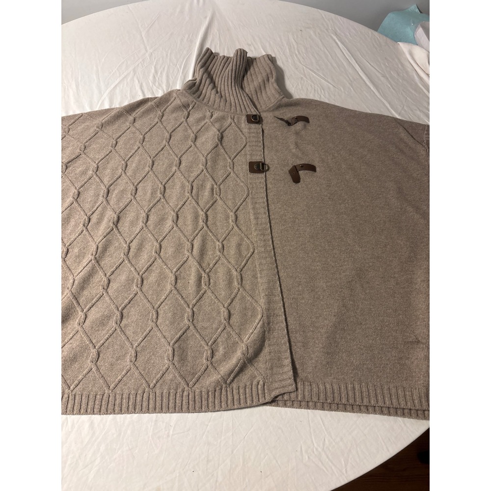 Luisa Spagnoli Poncho Womens U Taupe Good Cable Knit Turtleneck Toggle Closure - Picture 2 of 10